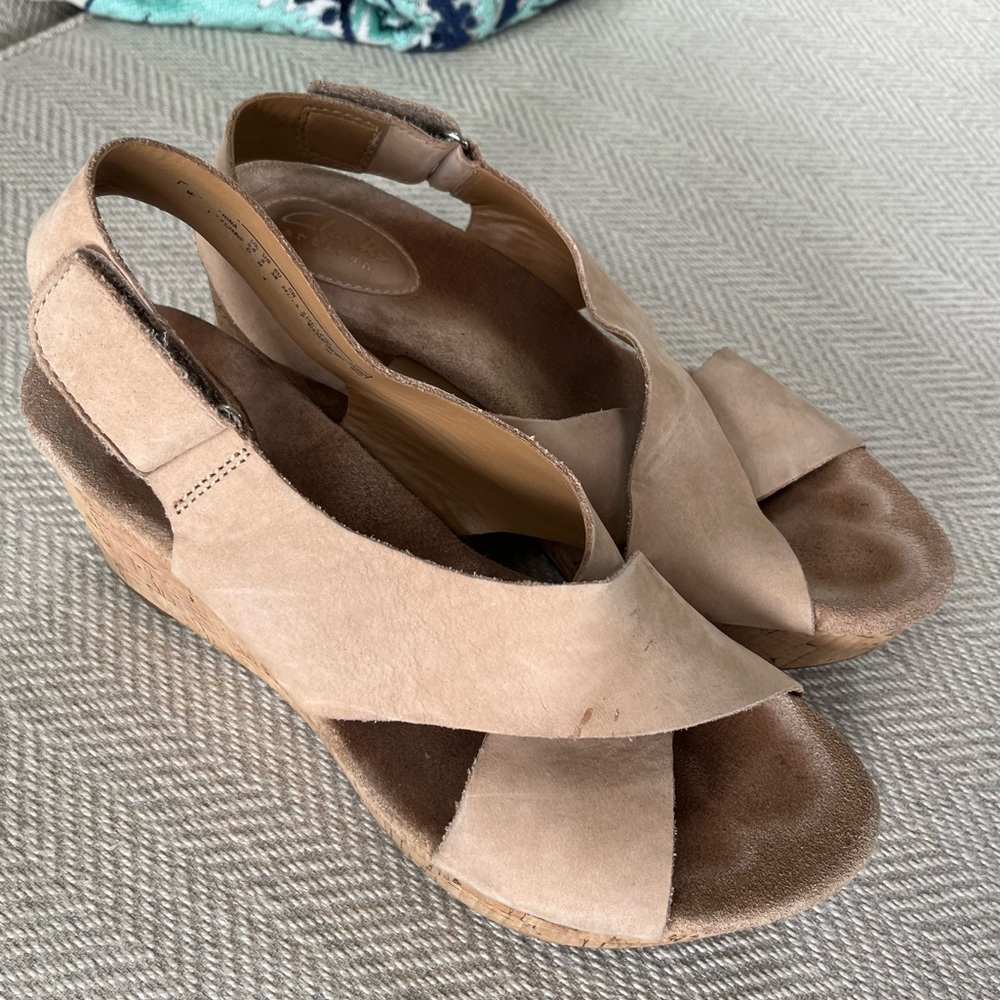 Clarks Beige Nubuck Leather Cork Wedge